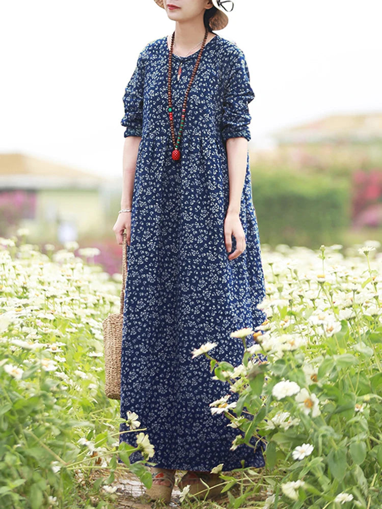 Vestido Floral Vintage mujer 2025 ZANZEA otoño Vestidos largos bohemios Casual manga larga Maxi Vestidos bata suelta Mujer de gran tamaño