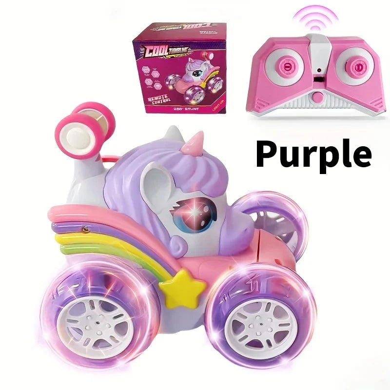Coche teledirigido unicornio para niñas, 360 °   Coches RC acrobáticos giratorios 4WD con luces lindas, juguetes recargables para niños para regalos de cumpleaños