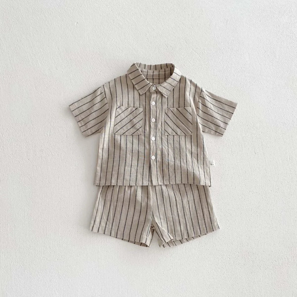Conjunto de camisa de manga corta a rayas Retro de estilo coreano para niños y niñas pequeñas, traje de moda informal fino de verano para bebés