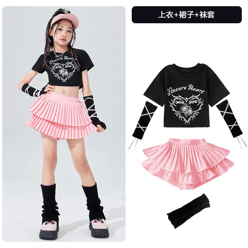 Ropa bonita de Hip Hop para chico, camiseta corta con estampado rosa, mangas, minifalda plisada en capas blancas para niñas, tra