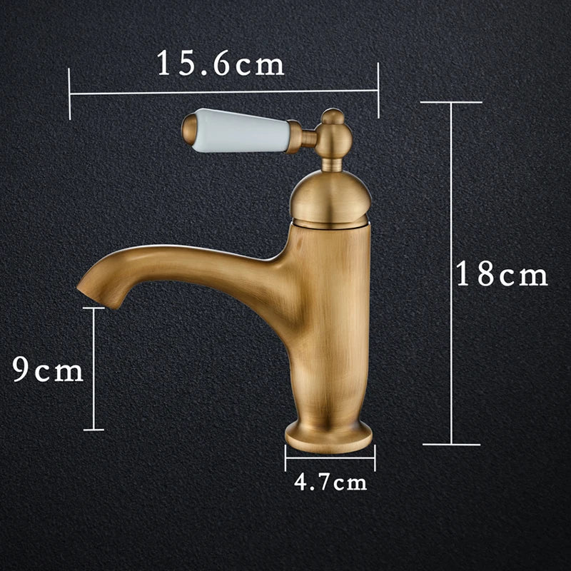 Grifo de lavabo de un solo mango de latón retro, grifo de lavabo con mango de cerámica perfecto para gabinetes de baño, mezcla de agua fría y caliente