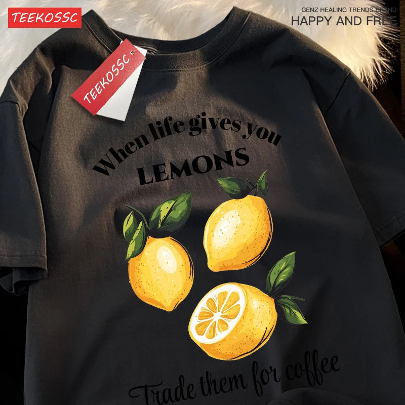 Cuando la vida te donne limones comerciamos tiene café impresiones Retro mujer Camiseta de algodón de moda ropa de Hip Hop suelta Unisex Top