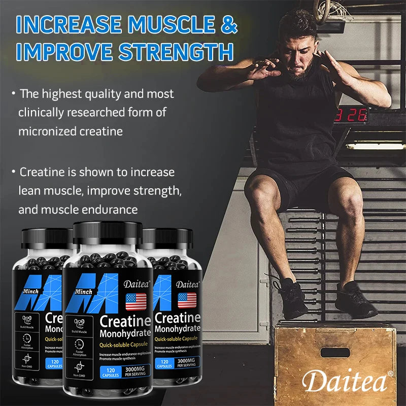 Monohidrato de creatina: promueve la masa muscular, la fuerza muscular y el rendimiento atlético, 30/60/120 cápsulas, sin OGM, sin gluten