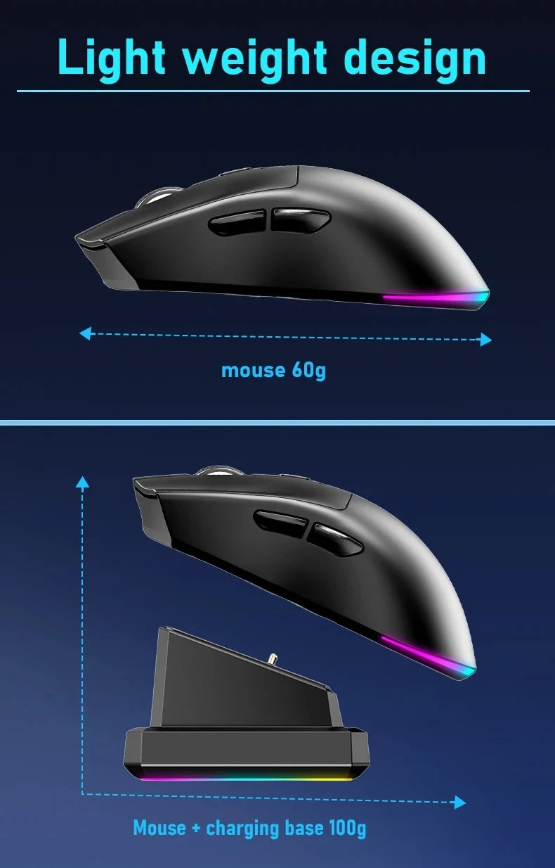 Ratón para Juegos de Última Generación con DPI Ajustable, Recargable, Inalámbrico, con Base de Carga, Bluetooth 2.4G, Modo Dual, RGB, Diseño Ergonómico