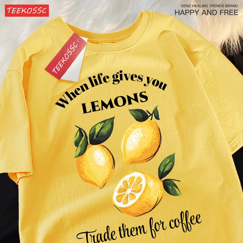 Cuando la vida te donne limones comerciamos tiene café impresiones Retro mujer Camiseta de algodón de moda ropa de Hip Hop suelta Unisex Top