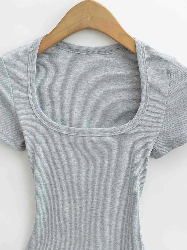 Top corto de alta elasticidad con cuello cuadrado para mujer, top sexy de manga corta, jersey ajustado, camisa básica de verano