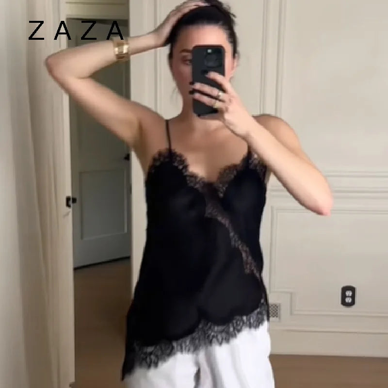 Verano mujeres Halter Top satén encaje empalmado tanque sin espalda cuello profundo Sexy chaleco dobladillo Irregular Vestidos 2025 señora vacaciones Sexy Tops