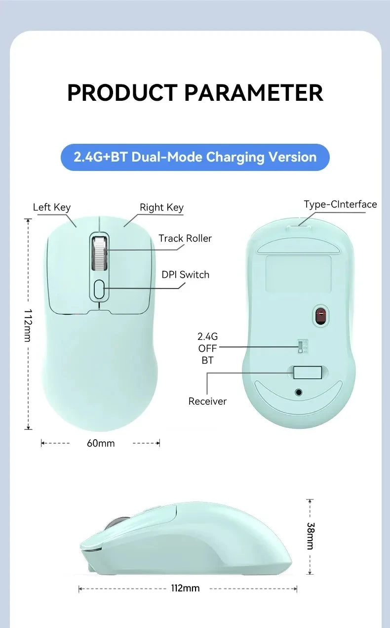 Ratón inalámbrico de 2,4G, Bluetooth 5,4, ratón ergonómico para juegos, ratón de 800-1200-1600 DPI, ratón de oficina recargable para PC y portátil