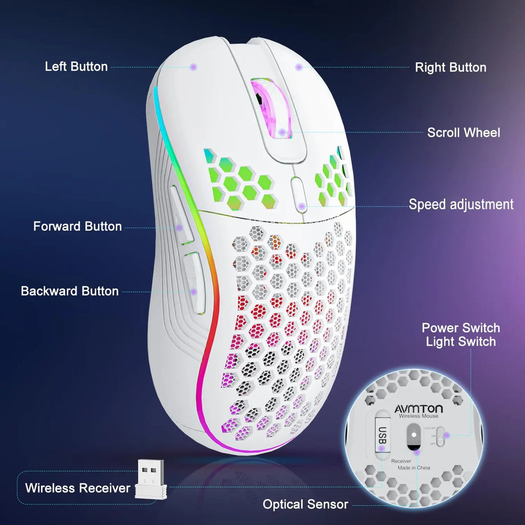 Ratón inalámbrico 2,4G con retroiluminación RGB, 6 botones, 3 velocidades, DPI tipo C, recargable, ergonómico, diseño de panal, ratón para juegos