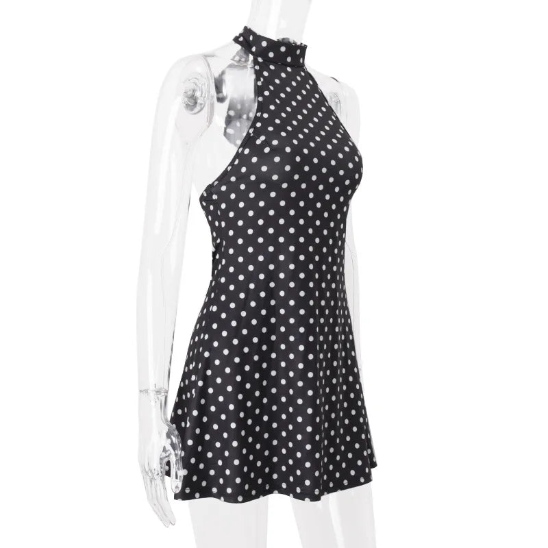 Elegante Vestido Mini de Puntos con Hombros Descubiertos para Mujer, Sin Mangas, Espalda Descubierta, Cintura Alta, Estilo Y2K, Moda de Verano, Vestido de Fiesta para Club