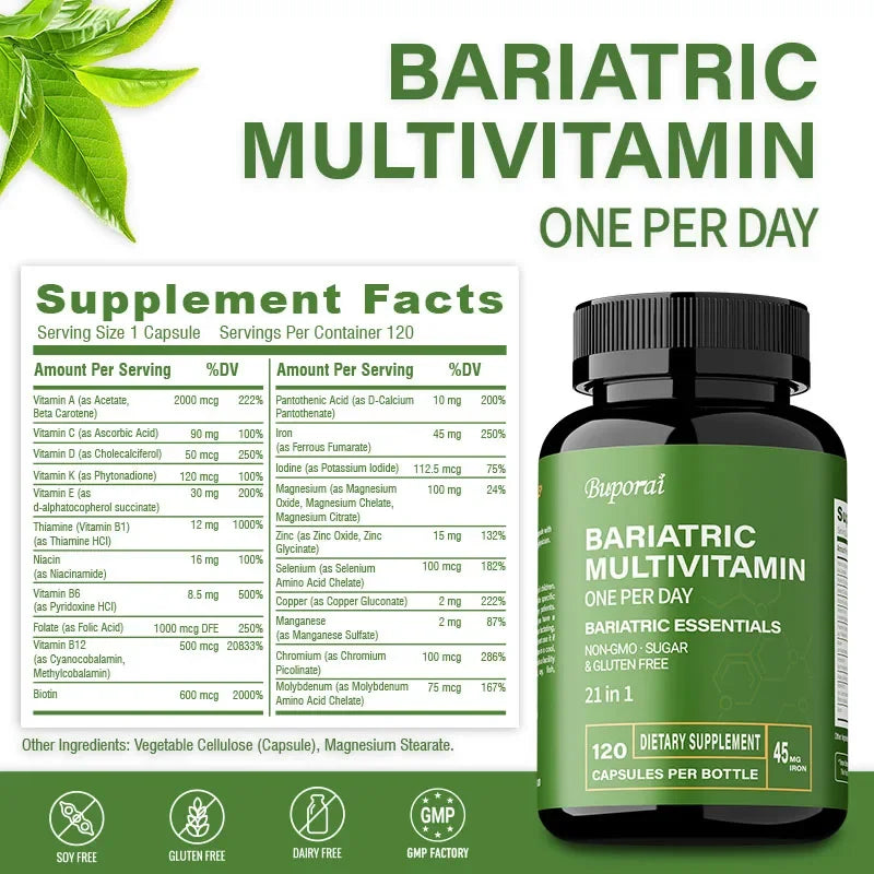 Suplemento multivitamínico bariátrico: contiene 21 vitaminas y minerales para promover la salud general y mantener los niveles de energía