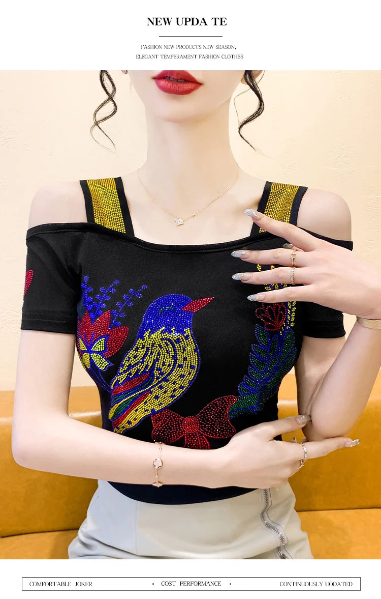 Ropa de calle europea, camiseta de marca para mujer, camisetas ajustadas de manga corta elegantes con diamantes brillantes para mujer