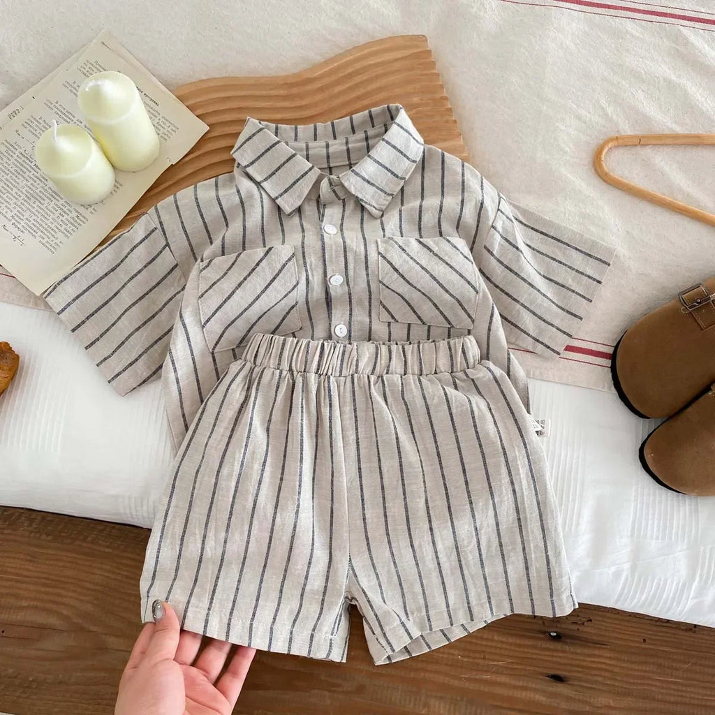 Conjunto de camisa de manga corta a rayas Retro de estilo coreano para niños y niñas pequeñas, traje de moda informal fino de verano para bebés