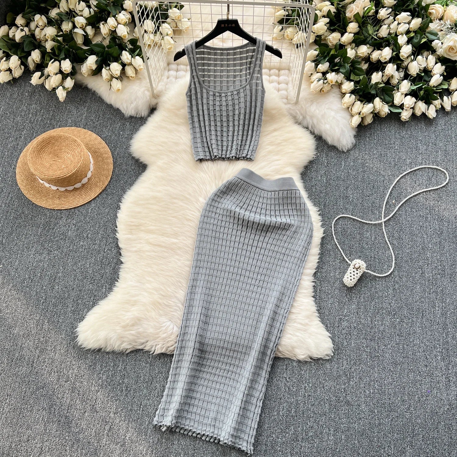 Conjunto de falda de moda de verano para mujer, camisetas sin mangas Sexy, cintura alta, Saya larga delgada, trajes de dos piezas, ropa de punto sólida