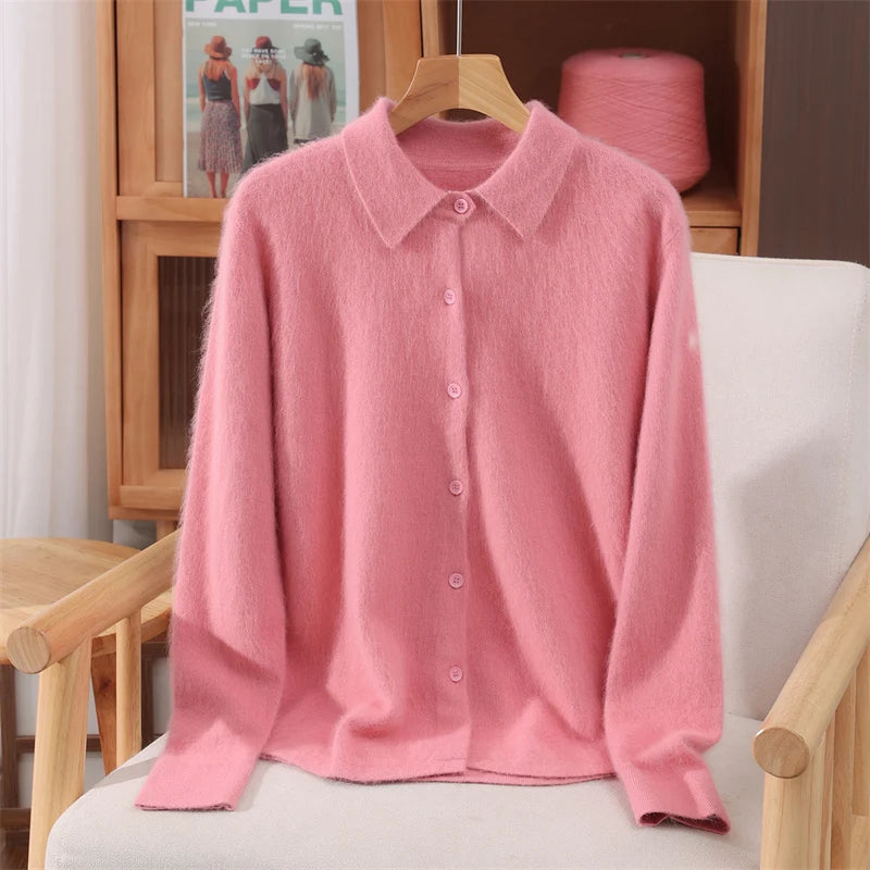 Otoño Invierno mujer 100% suéter de cachemira de visón puro con cuello Peter Pan y botones Preppy coreano Casual tejido de Color sólido