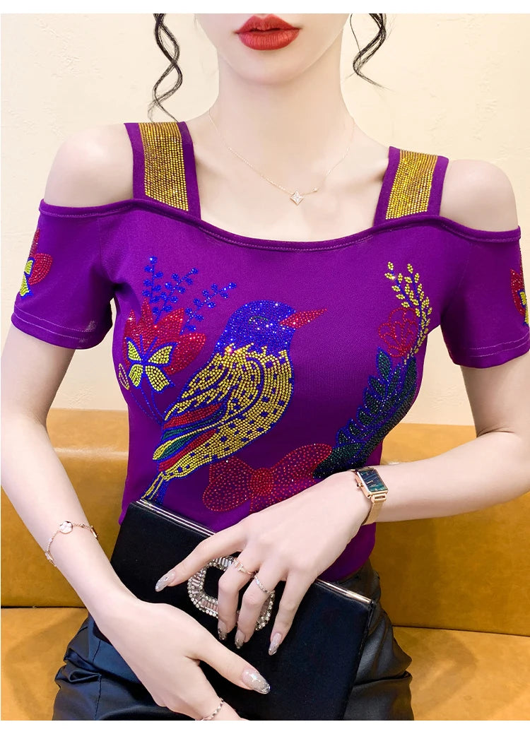 Ropa de calle europea, camiseta de marca para mujer, camisetas ajustadas de manga corta elegantes con diamantes brillantes para mujer