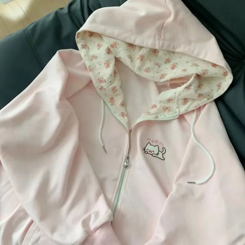 Abrigo con capucha Harajuku coreano Kawaii para mujer, cárdigan fino de manga larga con cremallera, ropa de calle Y2K, nuevas chaquetas holgadas de longitud media