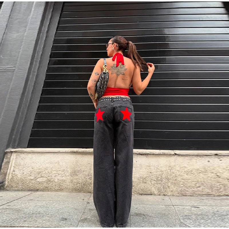 Pantalones vaqueros elegantes con decoración de perlas para mujer, pantalones de pierna ancha de cintura alta, ropa de calle nueva de moda, pantalones de lujo 2025