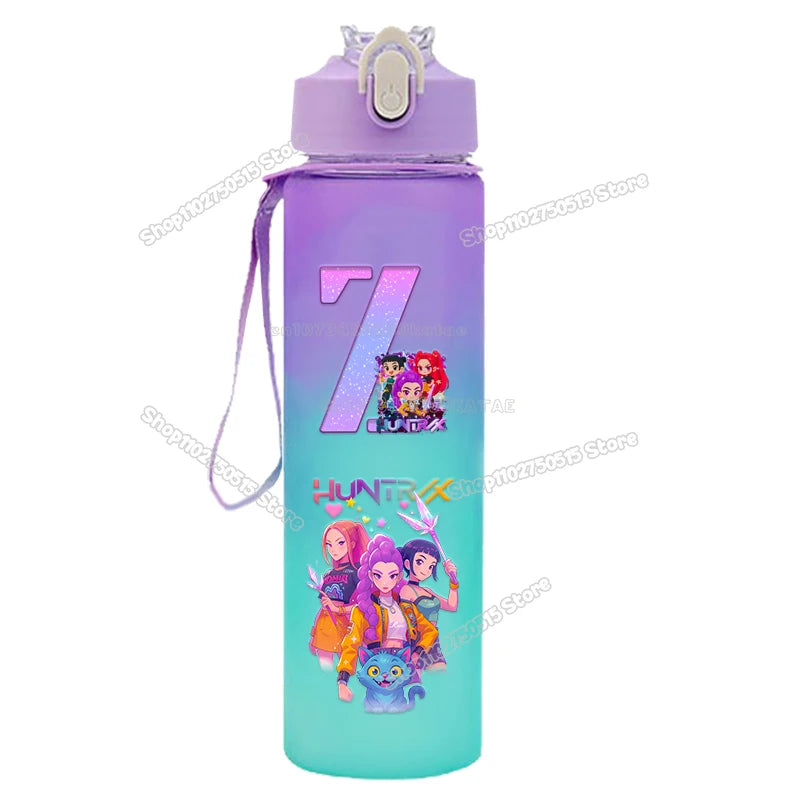 Botellas de agua con gradiente KPop Demon Hunters de 750 ml, vasos con pajita con letras de la A a la Z de Movie Girl, botella portátil de alta capacidad para exteriores