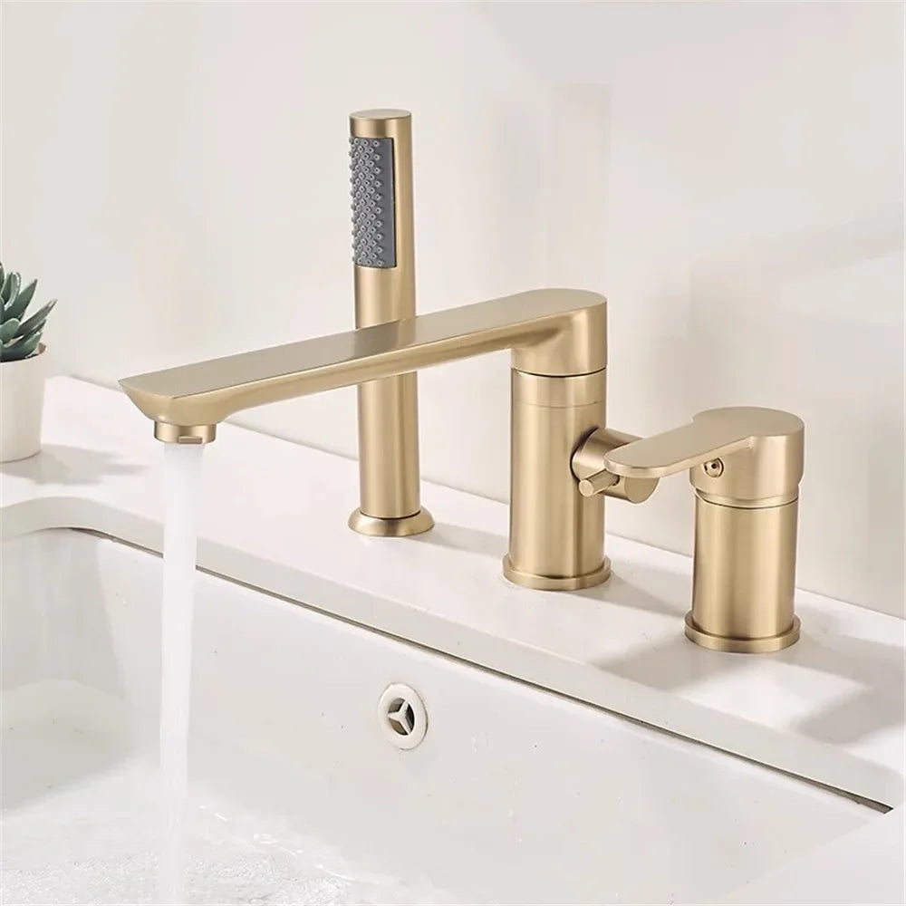 Grifo de bañera de Oro pulido, grifo mezclador de lavabo de bañera generalizado, grifo de ducha de baño de latón negro con cabezal de ducha de mano