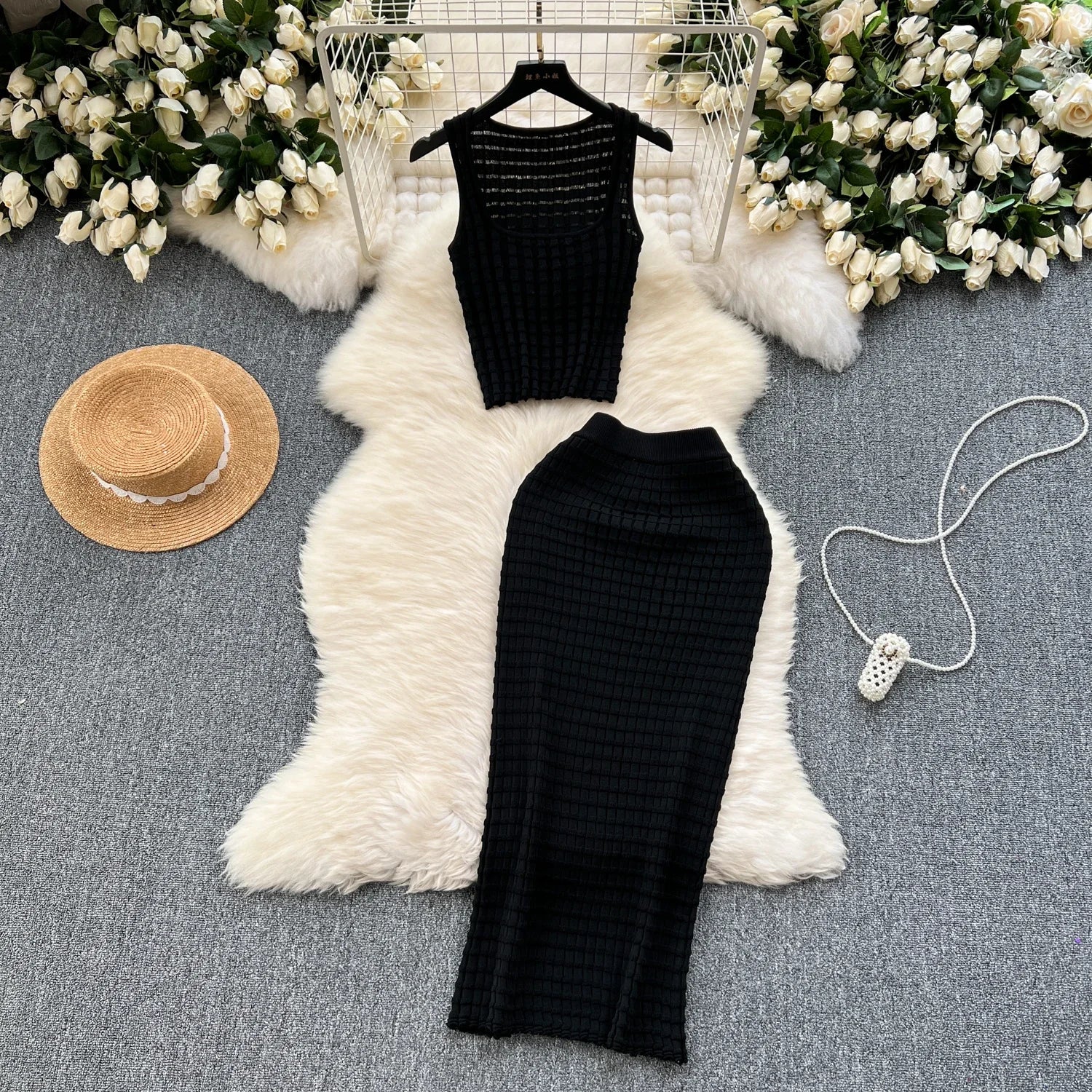 Conjunto de falda de moda de verano para mujer, camisetas sin mangas Sexy, cintura alta, Saya larga delgada, trajes de dos piezas, ropa de punto sólida