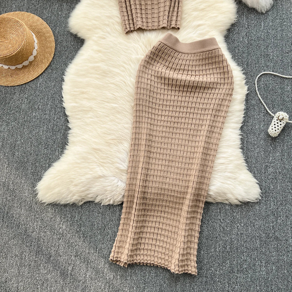 Conjunto de falda de moda de verano para mujer, camisetas sin mangas Sexy, cintura alta, Saya larga delgada, trajes de dos piezas, ropa de punto sólida