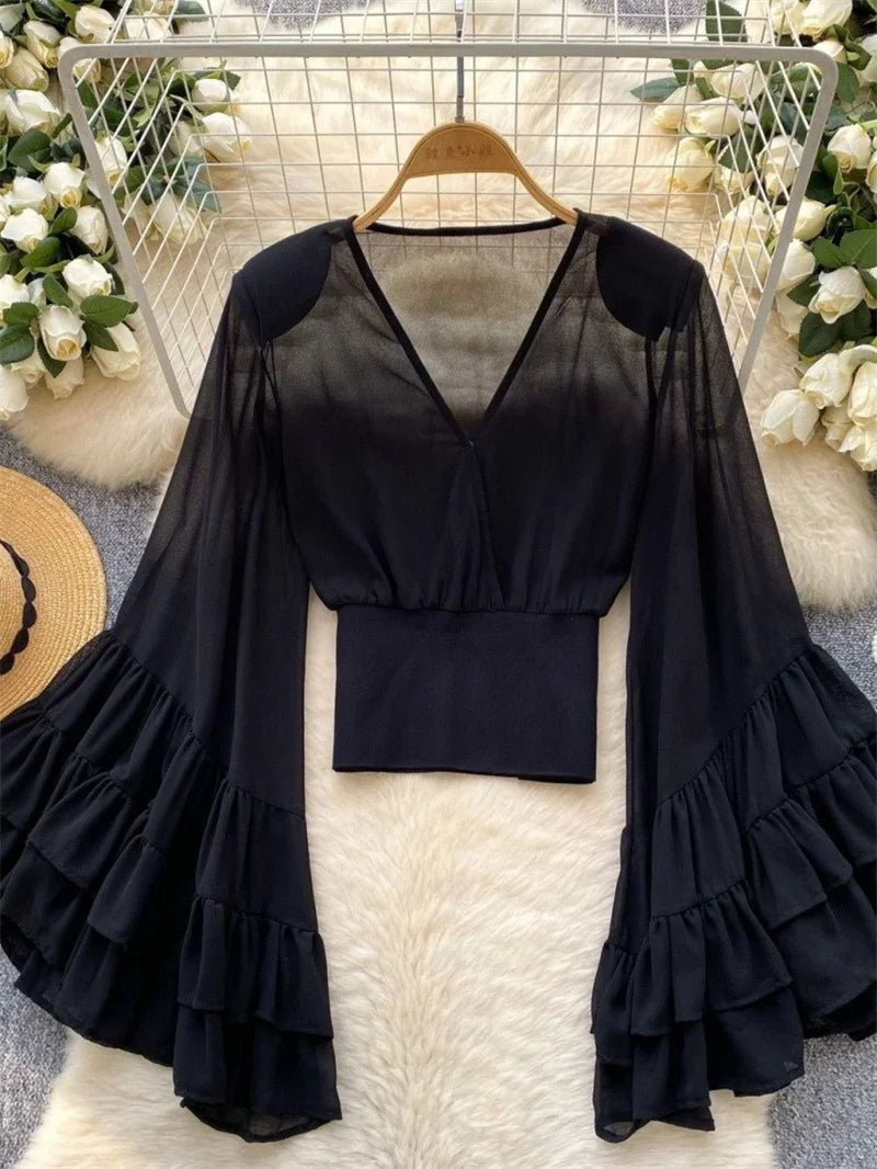 Camiseta de Verano para Mujer, Diseño Elegante, Chifón con Estampado de Lunares, Sexy, Cuello en V, Manga Larga con Volantes, Cintura Corta, Delgada, Protección Solar