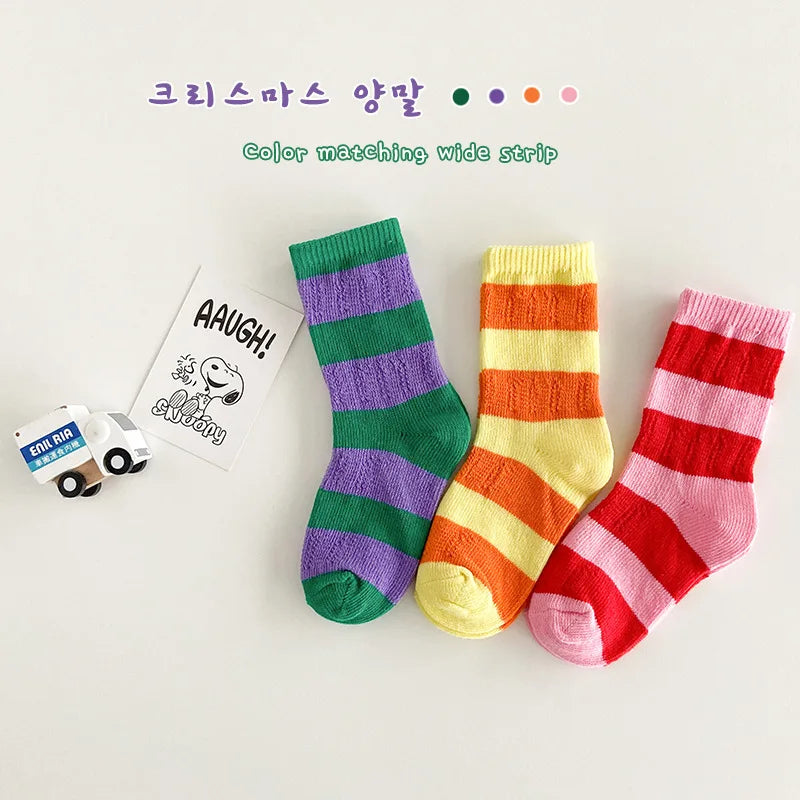 Horetong, 3 par/lote, calcetines de verano para niños de 1 a 12 años, calcetines de algodón a la moda para bebés, calcetines transpirables a rayas con contraste de colores