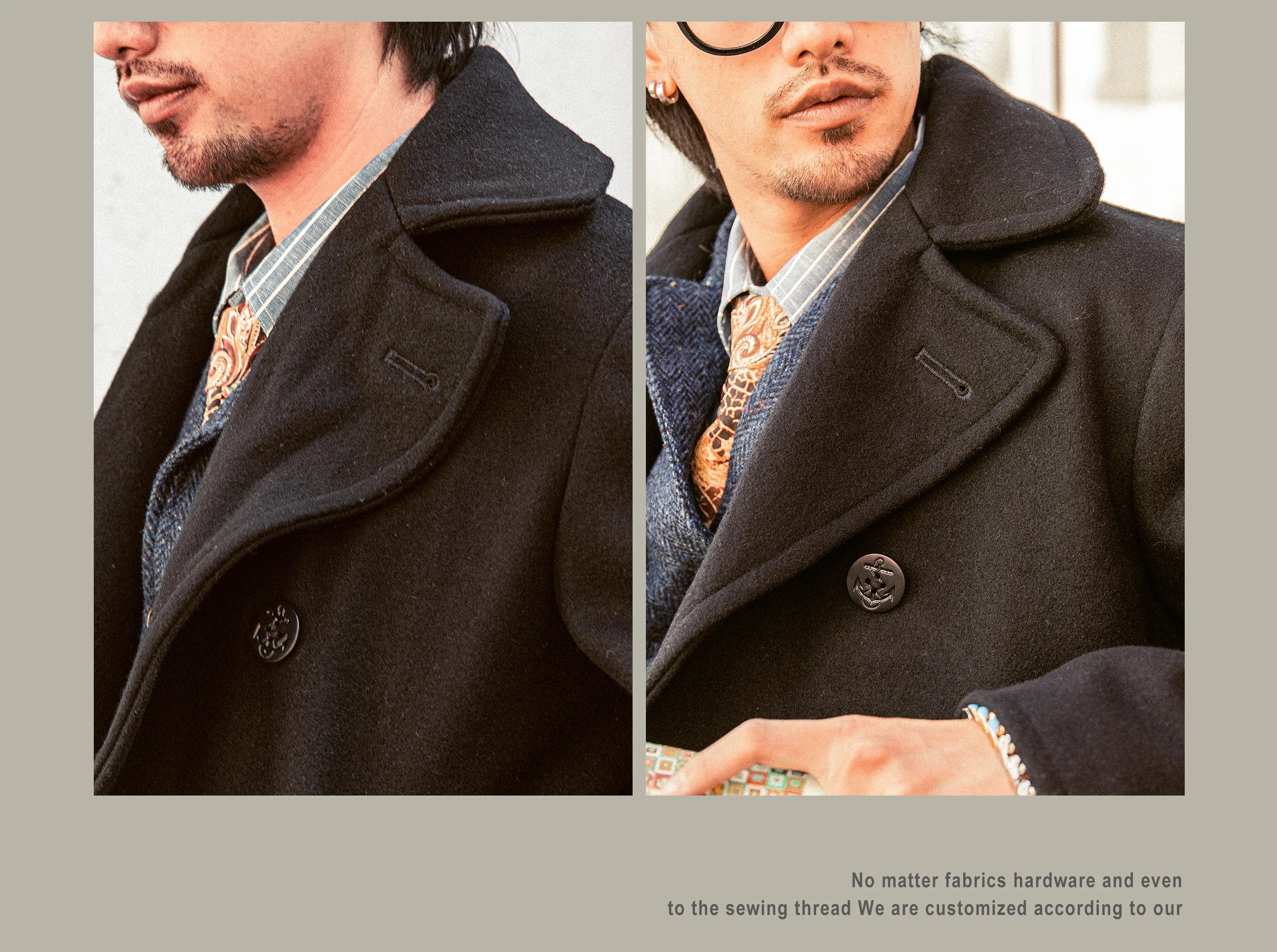 Peacoat Red Tornado 740 en negro, abrigo vintage de mezcla de lana de longitud media con doble botonadura para hombre, chaqueta cálida de invierno