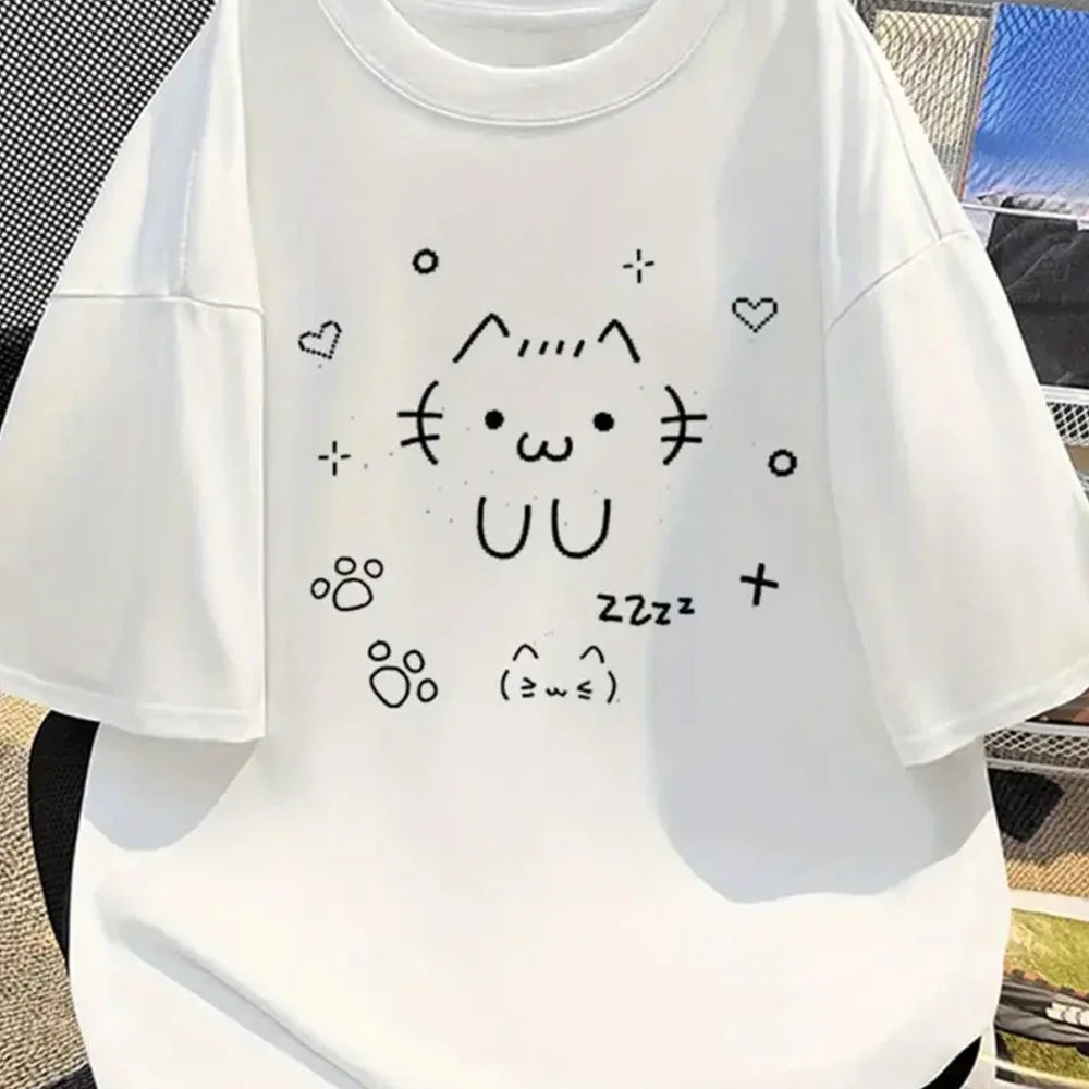 UU-Camiseta con estampado de dibujos animados, pantalón corto informal, camiseta blanca de manga corta, estilo de verano de gato bonito, juguetón y cómodo Y2K