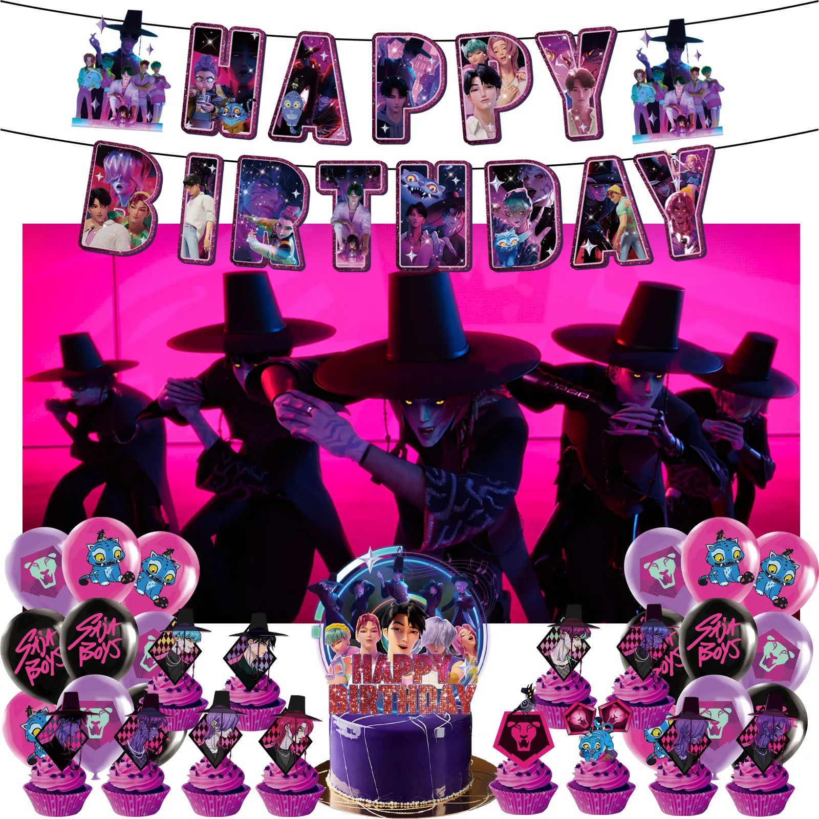 Vajilla desechable para fiesta temática de cazadores de demonios k-pop, plato con bandera de cazador, globo, decoración de cazadores, suministros para fiesta de cumpleaños