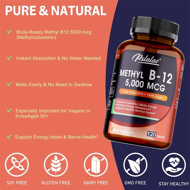 Vitamina B12 - Suplemento MCG 5000 -Benemó la función cerebral y corazón, admite memoria, aprendizaje, ayuda a aumentar la energía natural