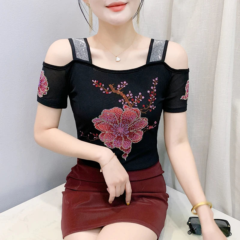 Ropa de calle europea, camiseta de marca para mujer, camisetas ajustadas de manga corta elegantes con diamantes brillantes para mujer