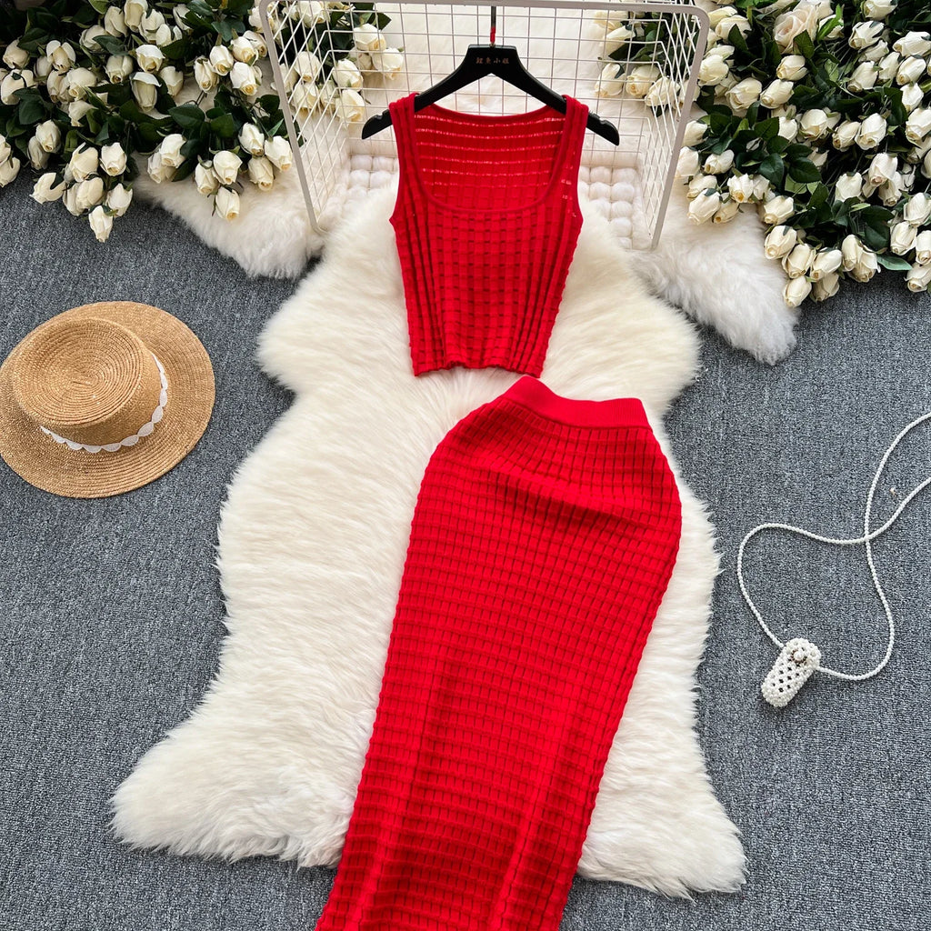 Conjunto de falda de moda de verano para mujer, camisetas sin mangas Sexy, cintura alta, Saya larga delgada, trajes de dos piezas, ropa de punto sólida