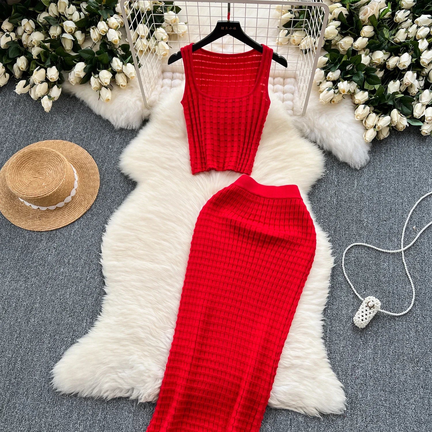 Conjunto de falda de moda de verano para mujer, camisetas sin mangas Sexy, cintura alta, Saya larga delgada, trajes de dos piezas, ropa de punto sólida
