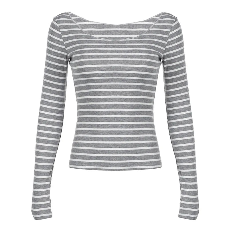 Lamuusaa Grunge Top y2k ropa mujer Cybercore rayas fuera del hombro Camiseta de manga larga 2000s ropa gótica ropa de calle de otoño