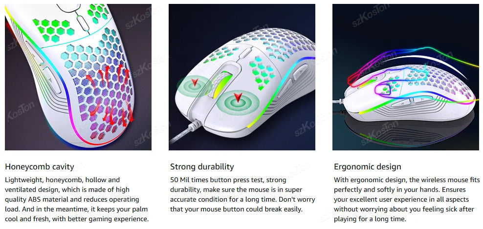 Mouse Gamer con Cable Honeycomb, Retroiluminación RGB, 7200 DPI Ajustables, Ergonómico, USB, para PC con Windows y Gamers de Laptop