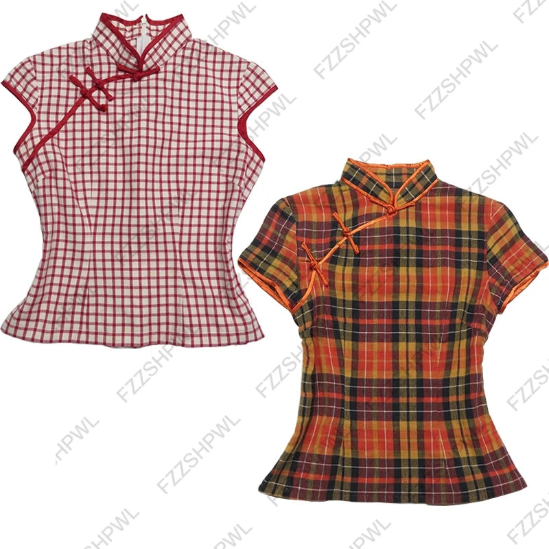 Camiseta de estilo chino moda high street Y2K chica de humor millenario botón gótico moda retro a cuadros tops de manga corta para mujer