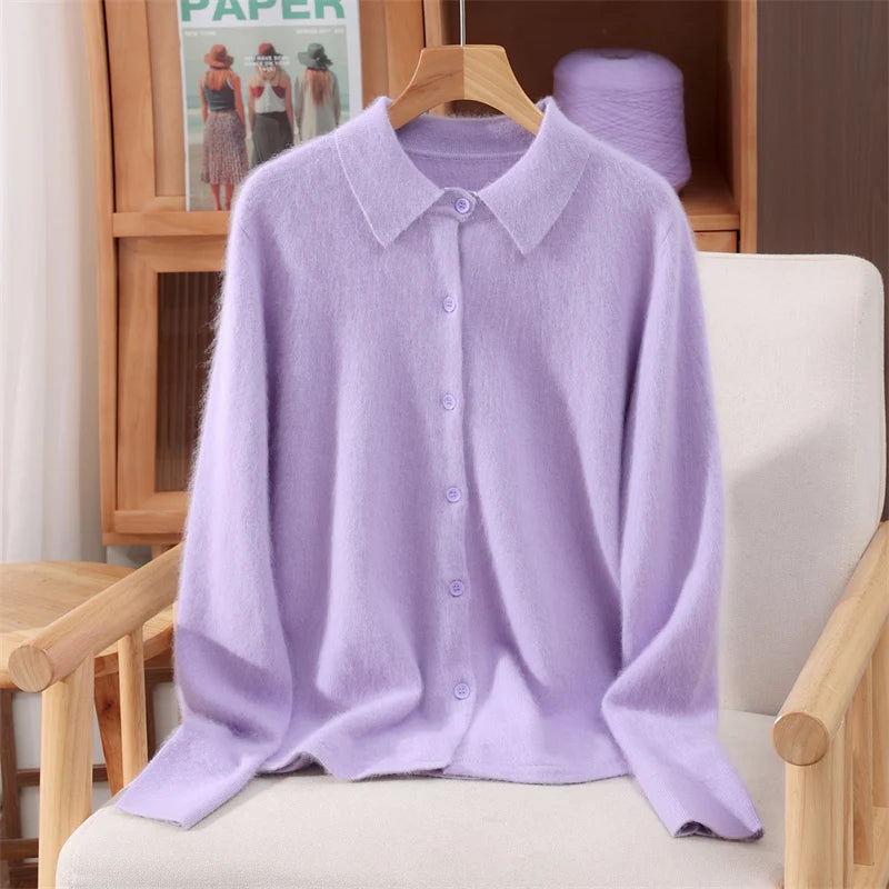 Otoño Invierno mujer 100% suéter de cachemira de visón puro con cuello Peter Pan y botones Preppy coreano Casual tejido de Color sólido