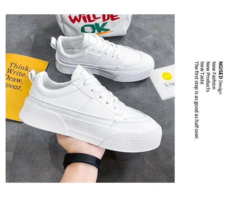 Zapatos blancos para hombre, zapatillas informales de cuero, zapatos de plataforma de tendencia, zapatos vulcanizados cómodos para hombre, Tenis masculinos blancos