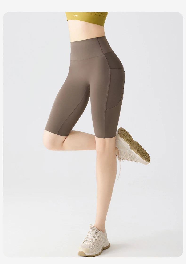 BIVIGAOS, pantalones cortos de verano con bolsillo para Yoga de piel de tiburón para bicicleta, pantalones cortos finos de cintura alta con realce, sensación desnuda, pantalones cortos deportivos para ciclismo y Fitness