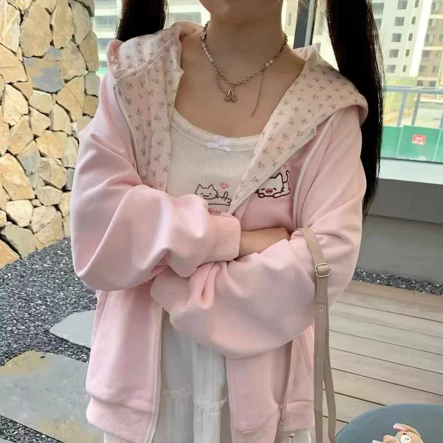 Abrigo con capucha Harajuku coreano Kawaii para mujer, cárdigan fino de manga larga con cremallera, ropa de calle Y2K, nuevas chaquetas holgadas de longitud media