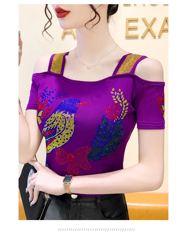 Ropa de calle europea, camiseta de marca para mujer, camisetas ajustadas de manga corta elegantes con diamantes brillantes para mujer