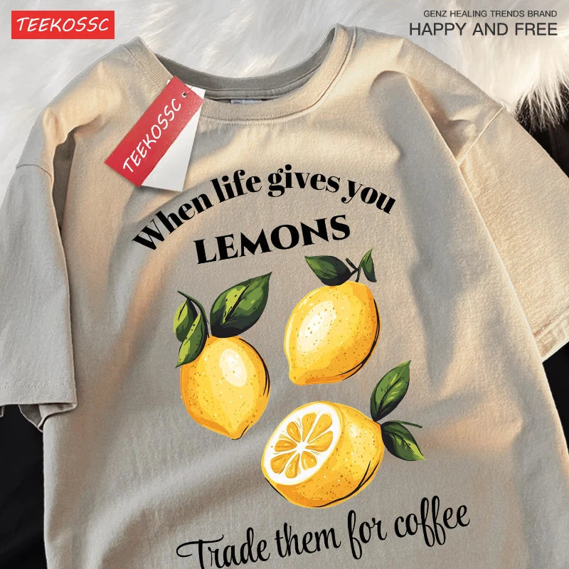 Cuando la vida te donne limones comerciamos tiene café impresiones Retro mujer Camiseta de algodón de moda ropa de Hip Hop suelta Unisex Top