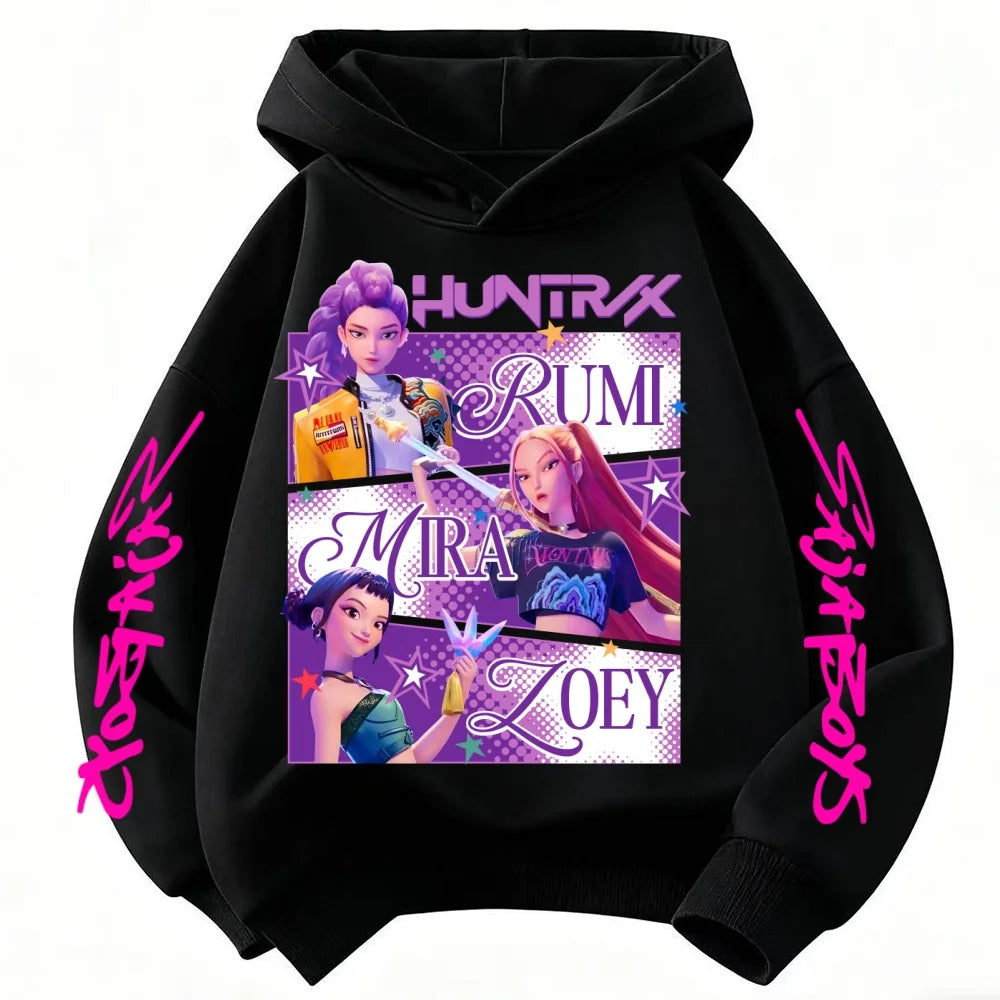 Sudadera con capucha Huntrix KPop Dem on Hunters para niños y niñas (estilo princesa) y niños (diseño moderno), se adapta como una sudadera infantil.