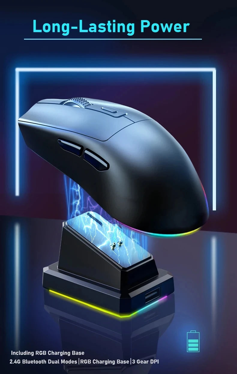 Ratón para Juegos de Última Generación con DPI Ajustable, Recargable, Inalámbrico, con Base de Carga, Bluetooth 2.4G, Modo Dual, RGB, Diseño Ergonómico