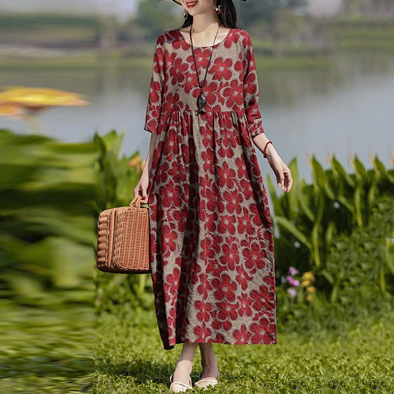 Vestido Floral Vintage mujer 2025 ZANZEA otoño Vestidos largos bohemios Casual manga larga Maxi Vestidos bata suelta Mujer de gran tamaño