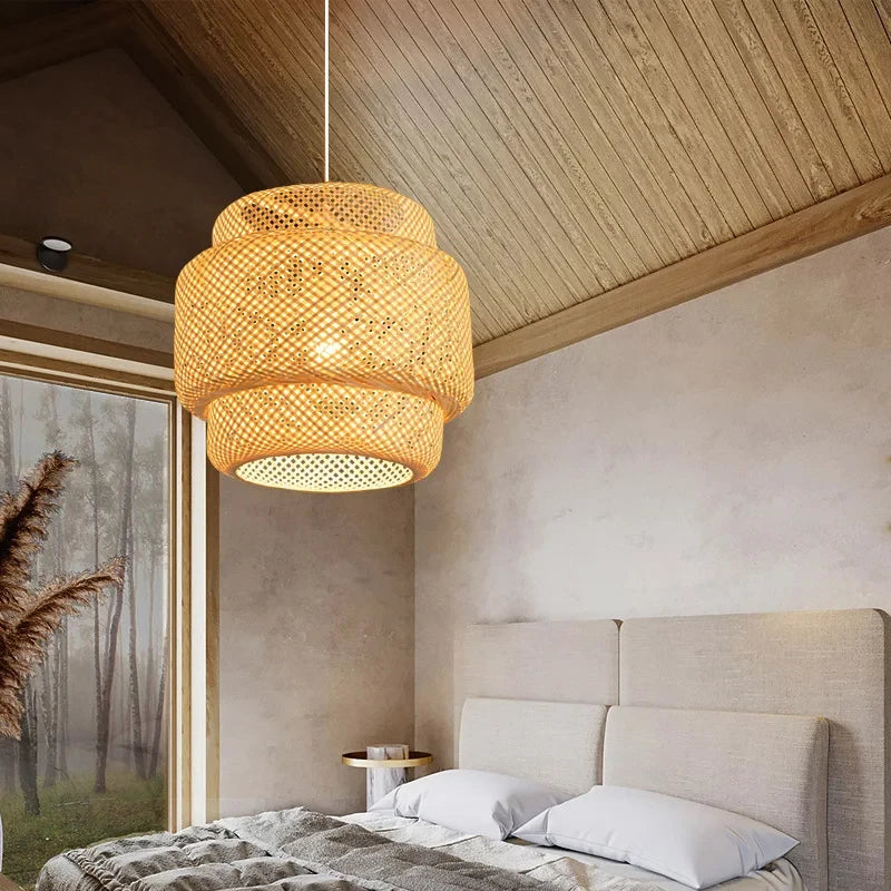 Lámpara colgante moderna de bambú, tejido a mano candelabro artístico, linterna para comedor, dormitorio y comedor, 30cm