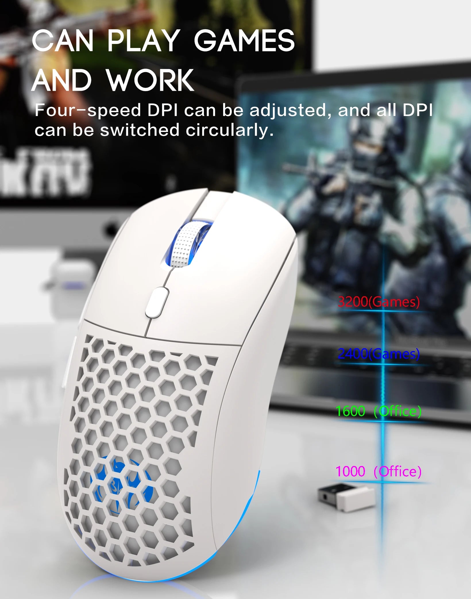 Ratón recargable con diseño de panal USB con iluminación ajustable RGB inalámbrica para uso en el hogar, juegos y oficina, Plug And Play