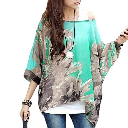 Novedad 2015 de mini vestidos casuales de gasa con estampado de flores para señoras, vestidos estilo bohemio con manga de murciélago en tallas grandes 4XL 5XL 6XL